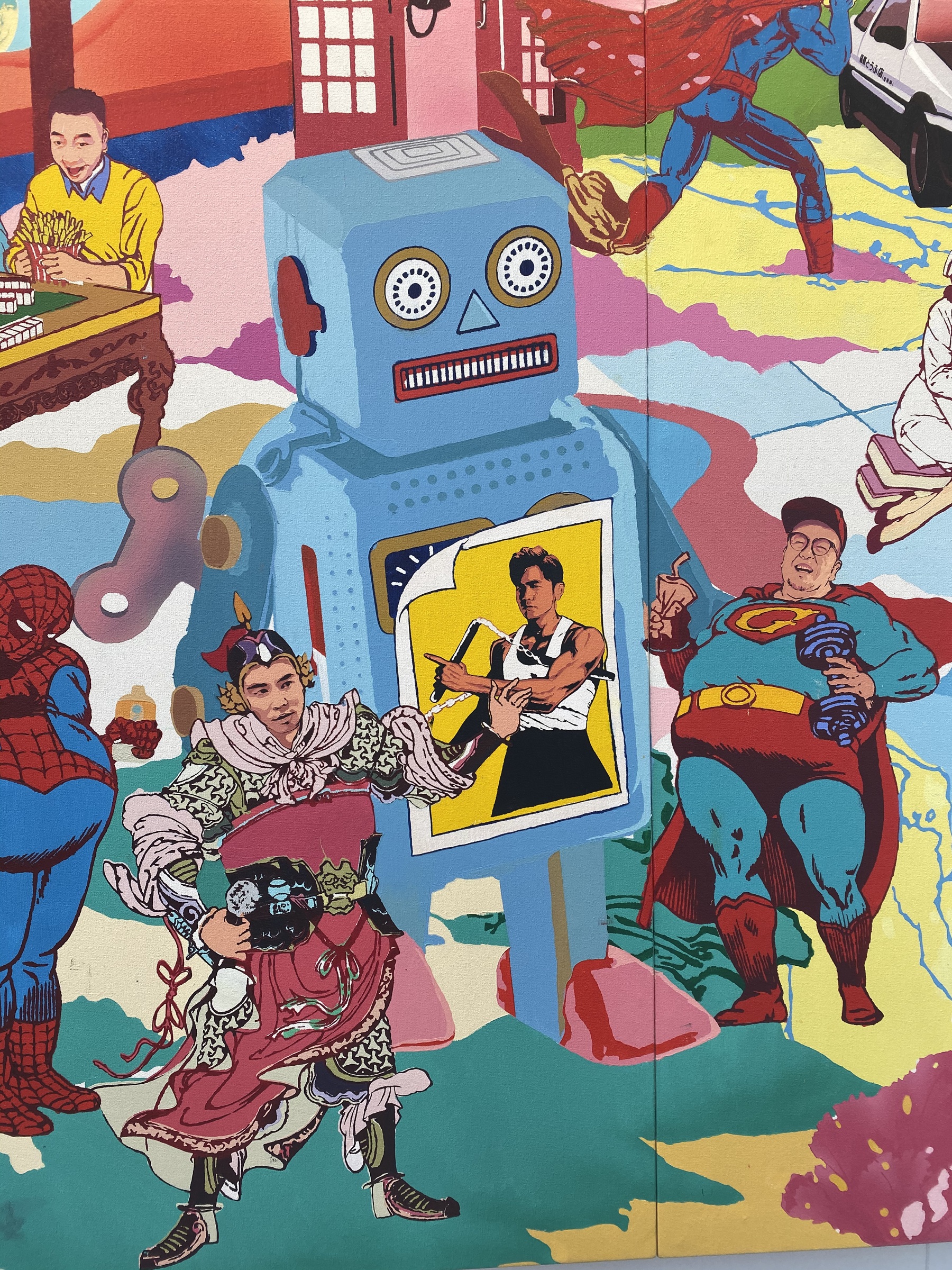 Characters gathered around the central landscape