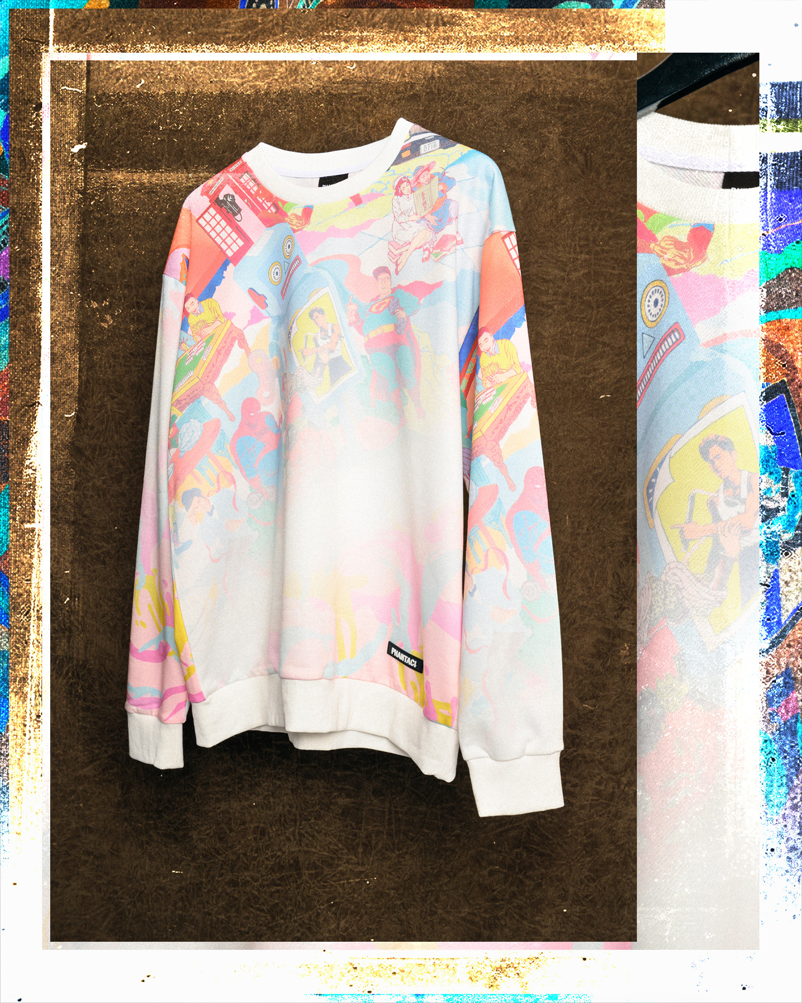 Colourful printed sweatshirt, front view