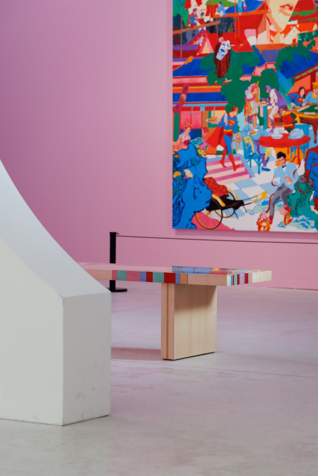 A colourful art bench in the exhibition’s pink gallery.