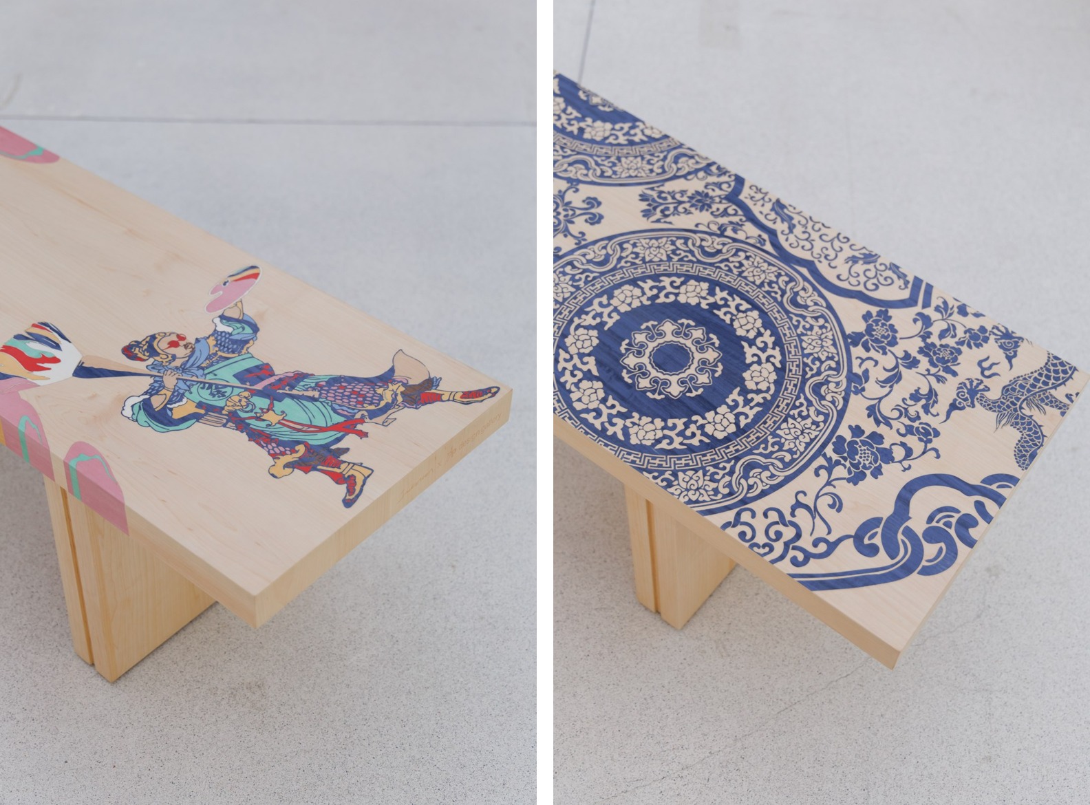 Two bench details: figurative imagery and blue-and-white ornament