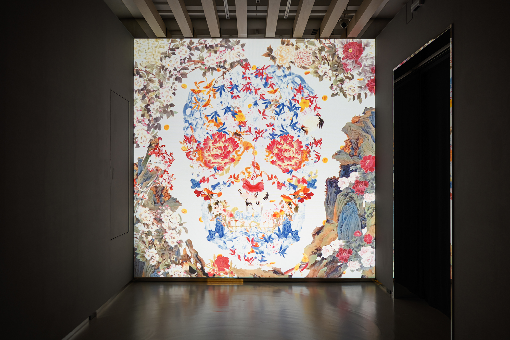 Chinese Floral Skull embroidery illuminated in the Rebirth gallery